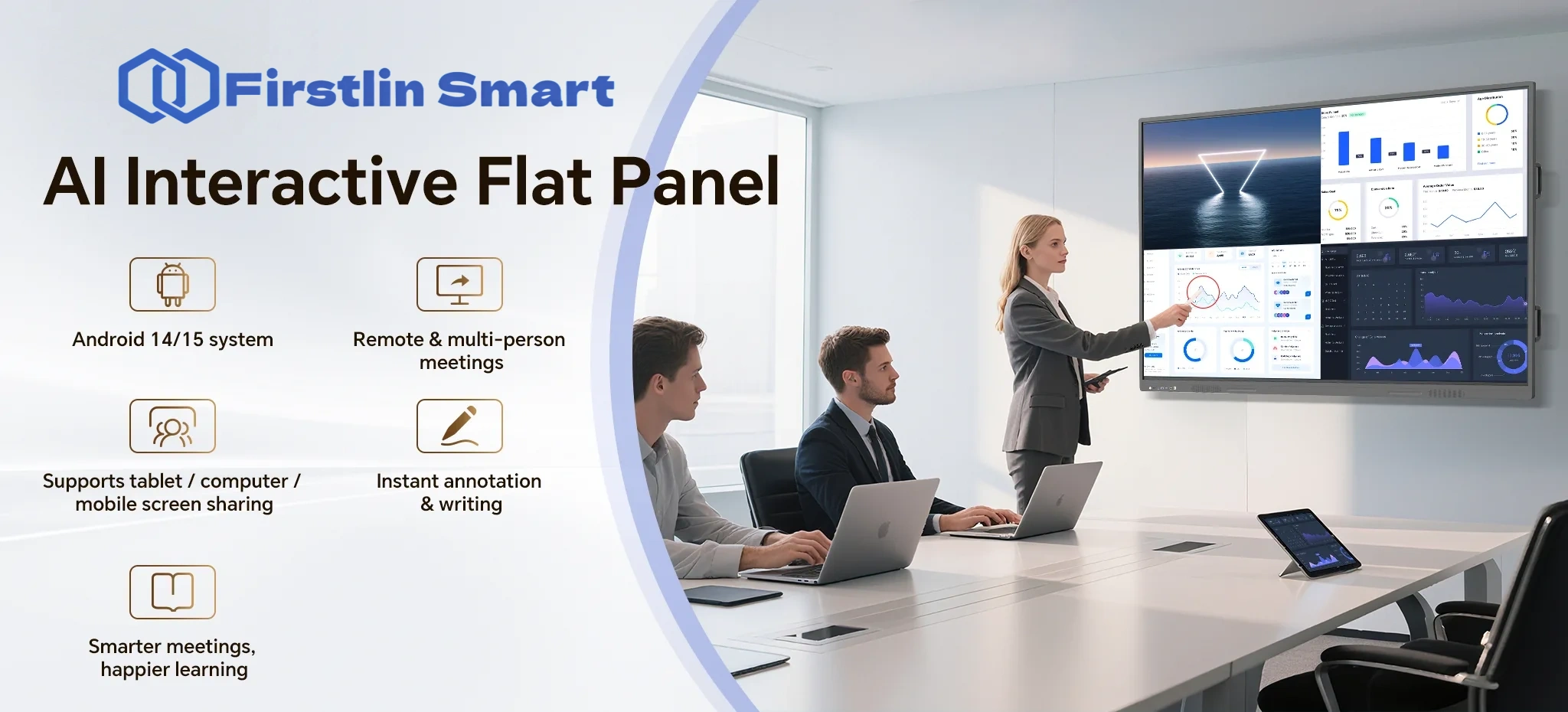 Interactive Flat Panel Displays: Real-time annotation, wireless screen mirroring, and multi-screen collaboration.